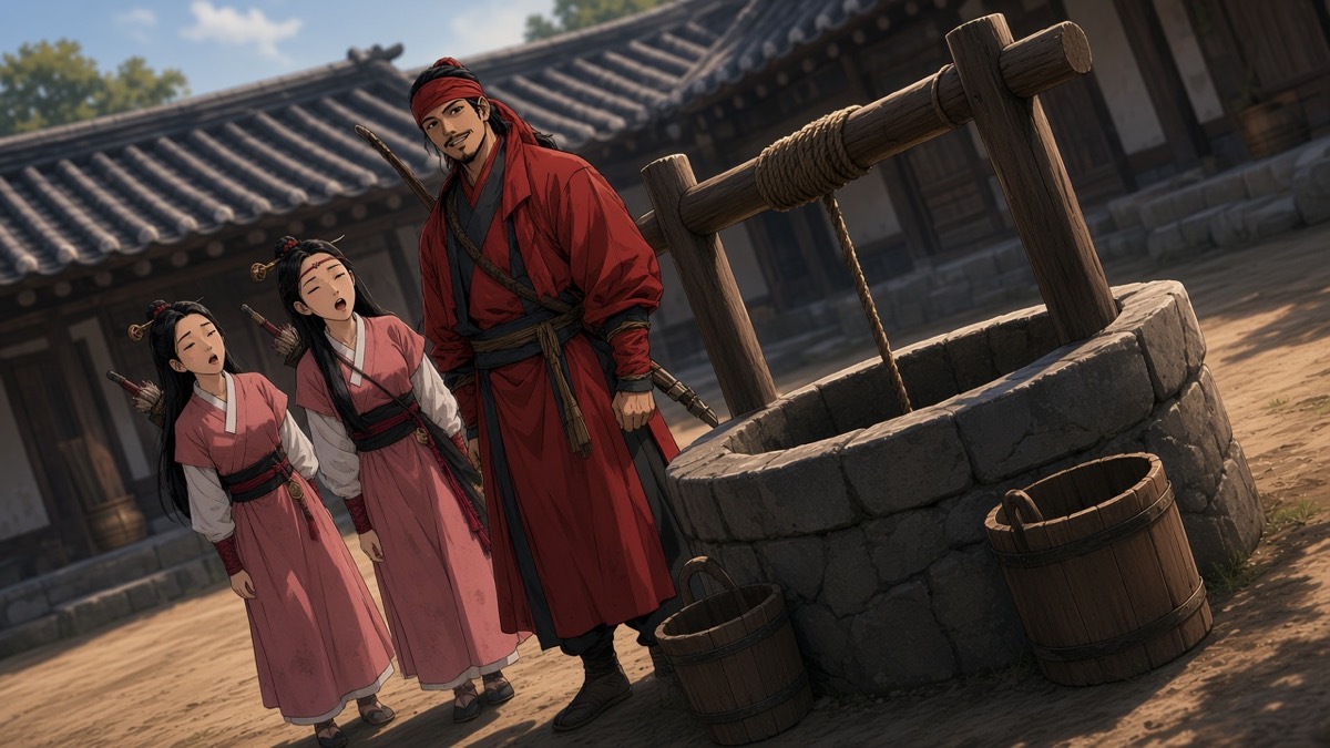 Dutch well: Jumong easy grin, three tiny women leaning in, Sosuno a dusty-rose wedge between
