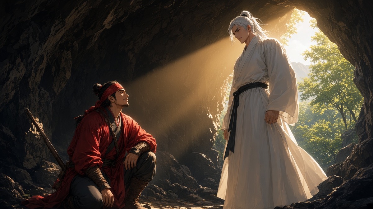 Cavern two-shot: painterly Jumong kneeling; photoreal Haemosu in dawn gold