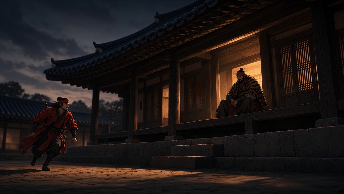 Dutch dusk: Jolbon hall as a dark wedge, Jumong arriving, Tabal weighing from the porch