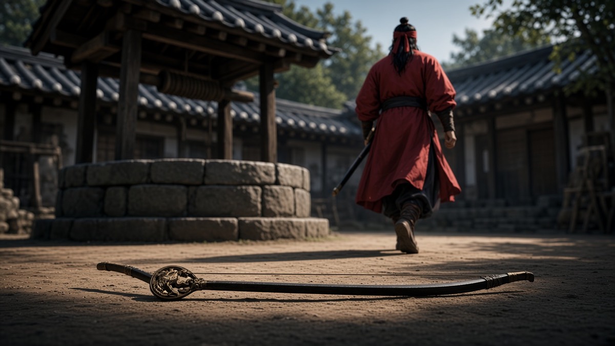Worm’s-eye: Jumong walking away; his bow left on packed earth at the well-rim