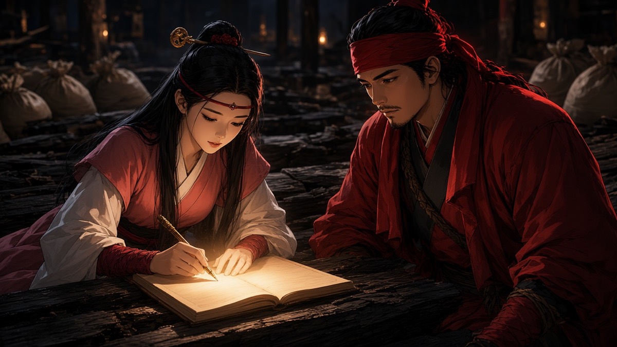 Night grain-room: Sosuno at the open ledger, Jumong watching her throat
