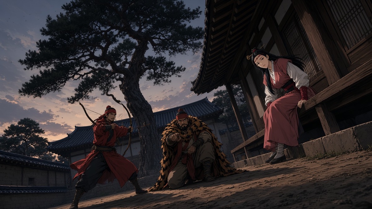 Worm’s-eye archery yard: Jumong full-draw, Tabal crouching, Sosuno on the porch in rose hanbok