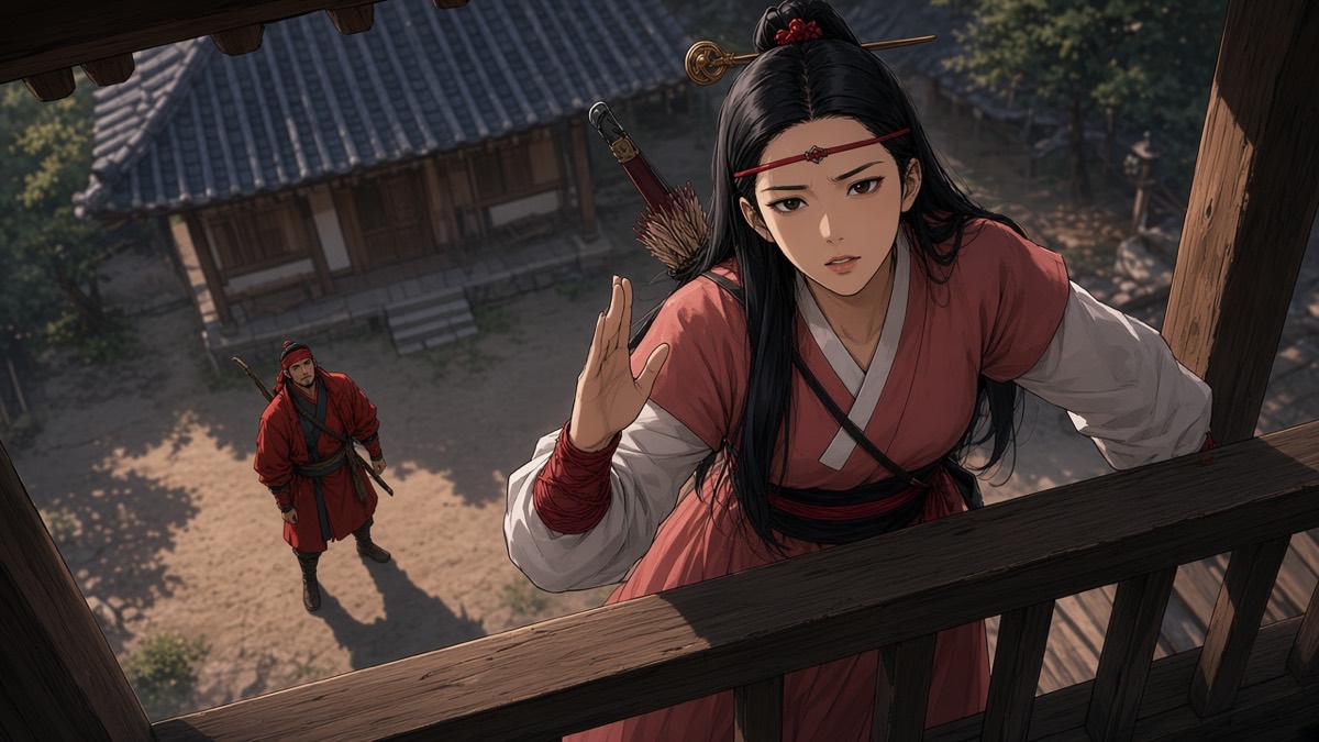 High angle: Sosuno in dusty-rose hanbok on the grain porch, Jumong tiny in the yard