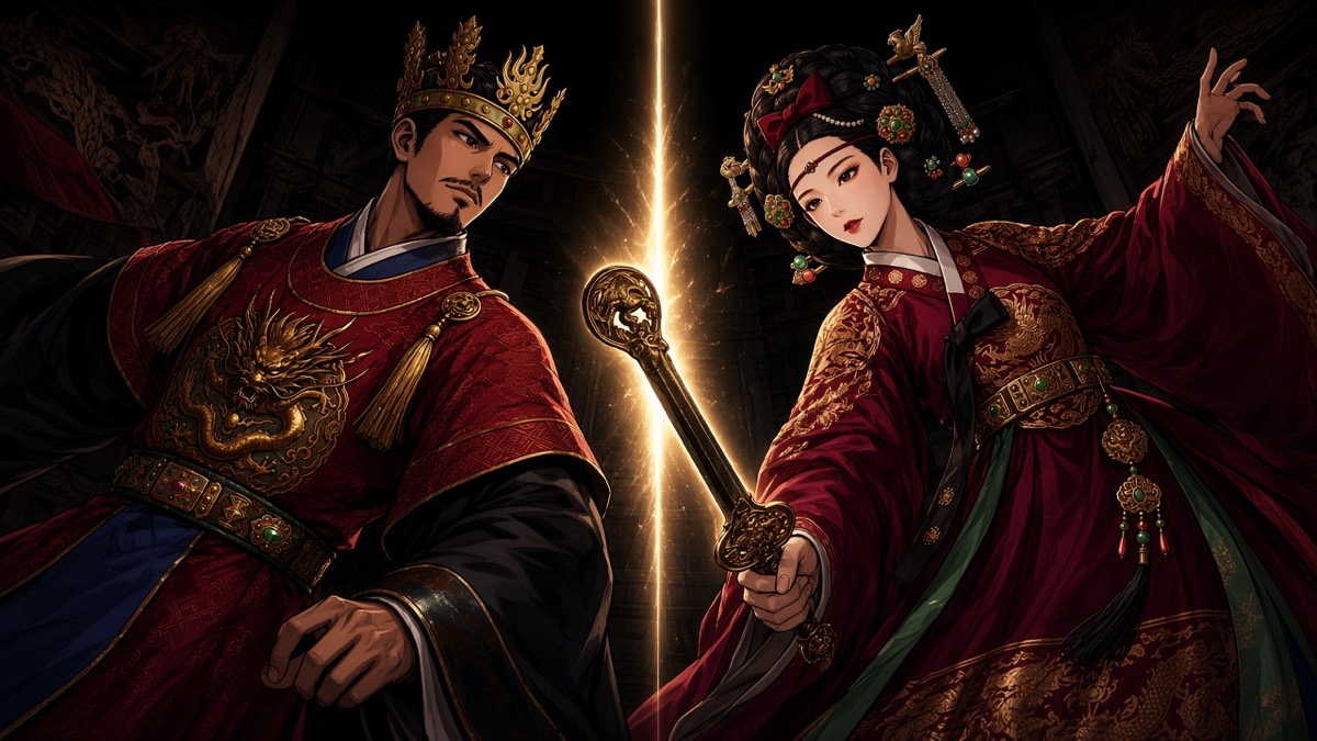 Worm’s-eye: Jumong and Sosuno in Goguryeo royal dress, jeolpung feathers, dusty-rose queen silk not gold-washed