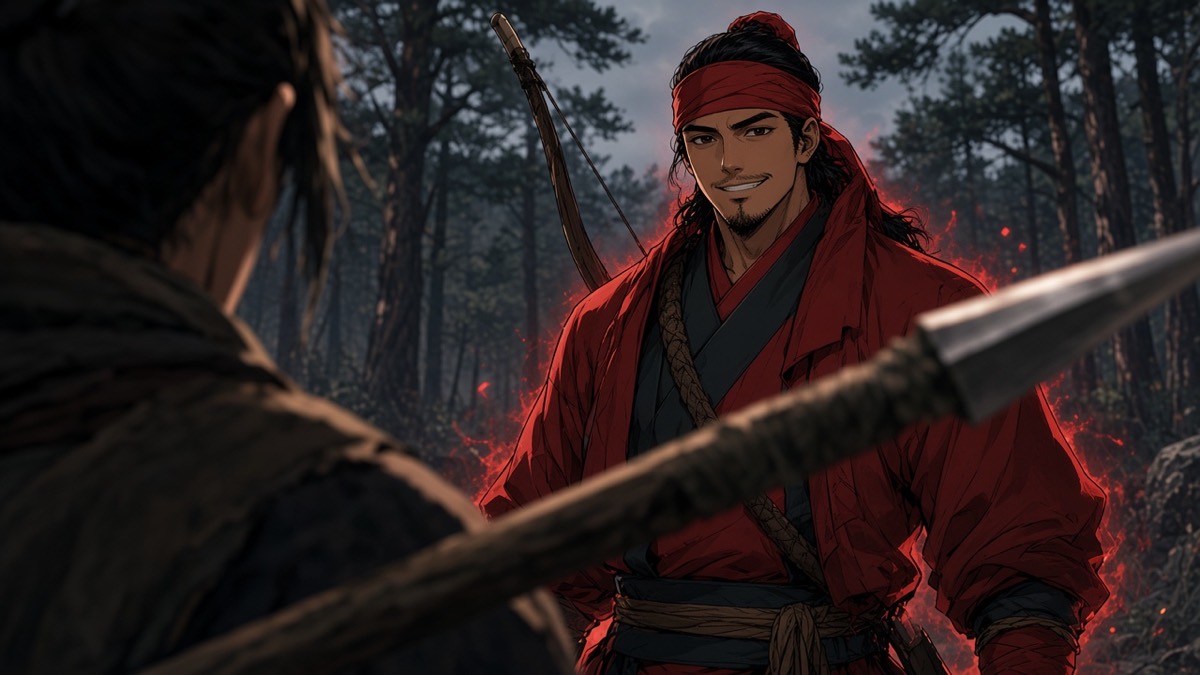 OTS: a scout’s spear in sharp foreground, Jumong grinning in bokeh