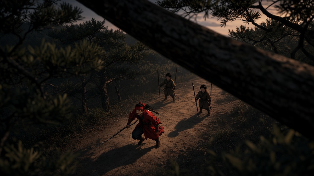 Bird’s-eye dusk pines: tiny red Jumong, two spear-scouts closing