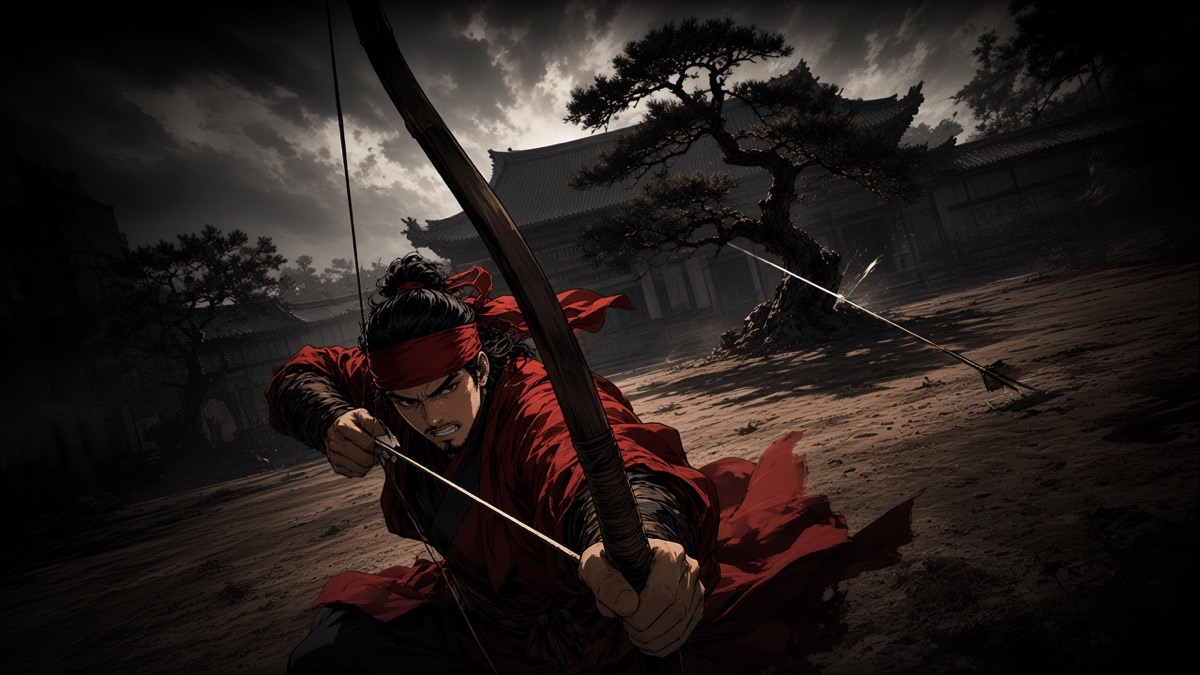 Worm’s-eye: Jumong at full draw, Tabal’s arrow splitting on the pine
