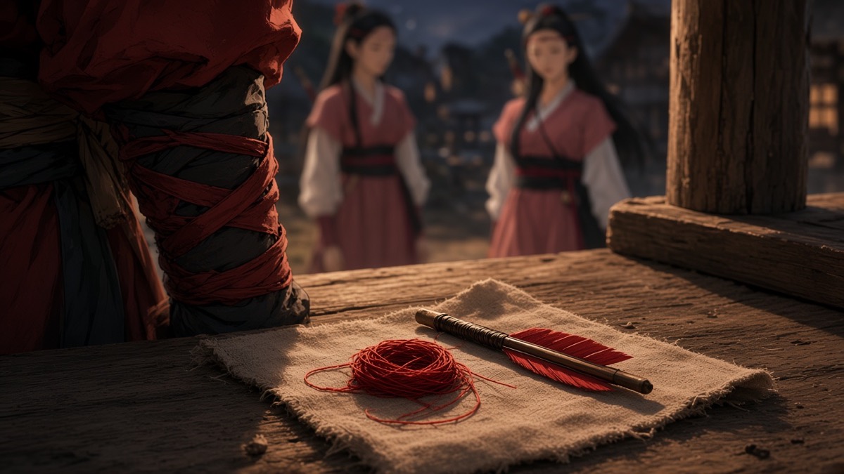 ECU: Jumong’s hands opening a cloth stash — red thread, fletch, rope-fiber — Sosuno’s blush in bokeh