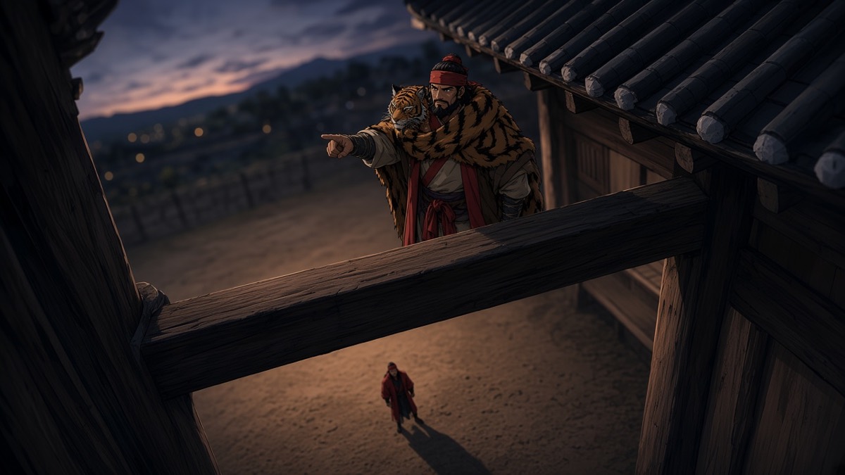 Wide dusk: Tabal on the porch pointing the valley; Jumong tiny in packed earth