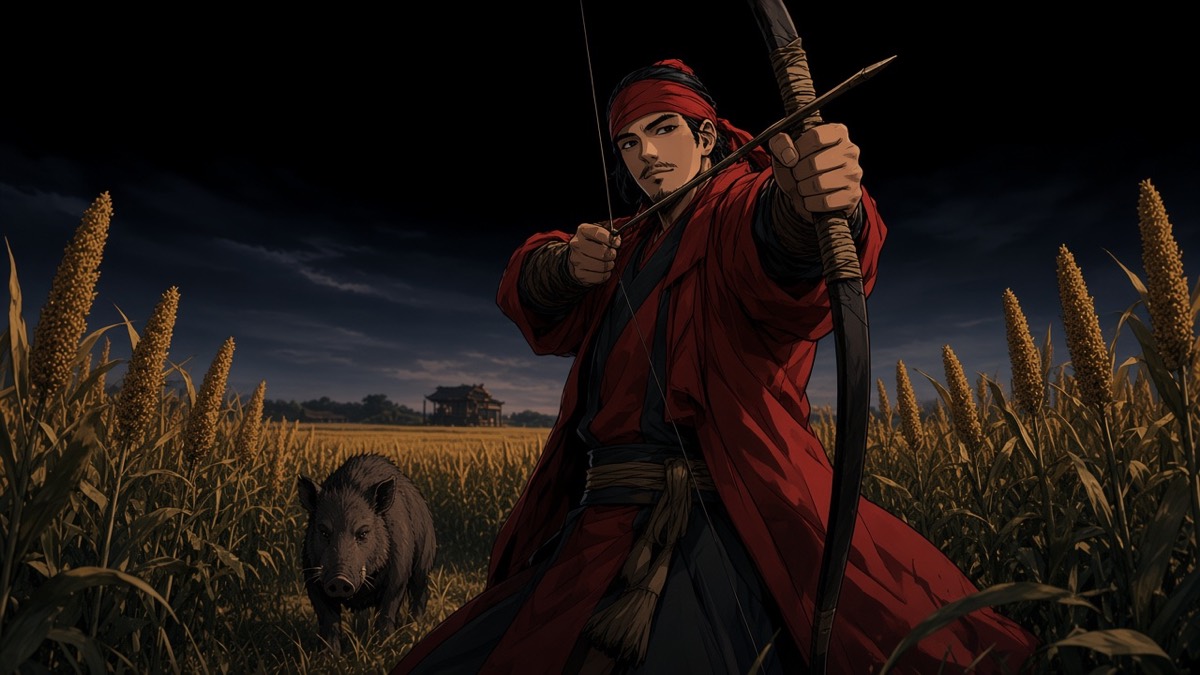 Worm’s-eye: Jumong full-draw on a boar in millet; Tabal tiny on the porch