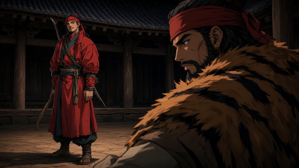 OTS: Tabal in tiger-pelt weighing Jumong in the same hall