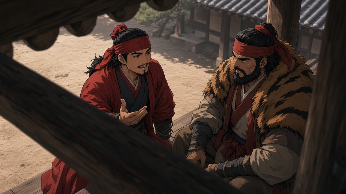 Dutch hall: Jumong mid-speech, red silk; Tabal on the porch-beam, weighing
