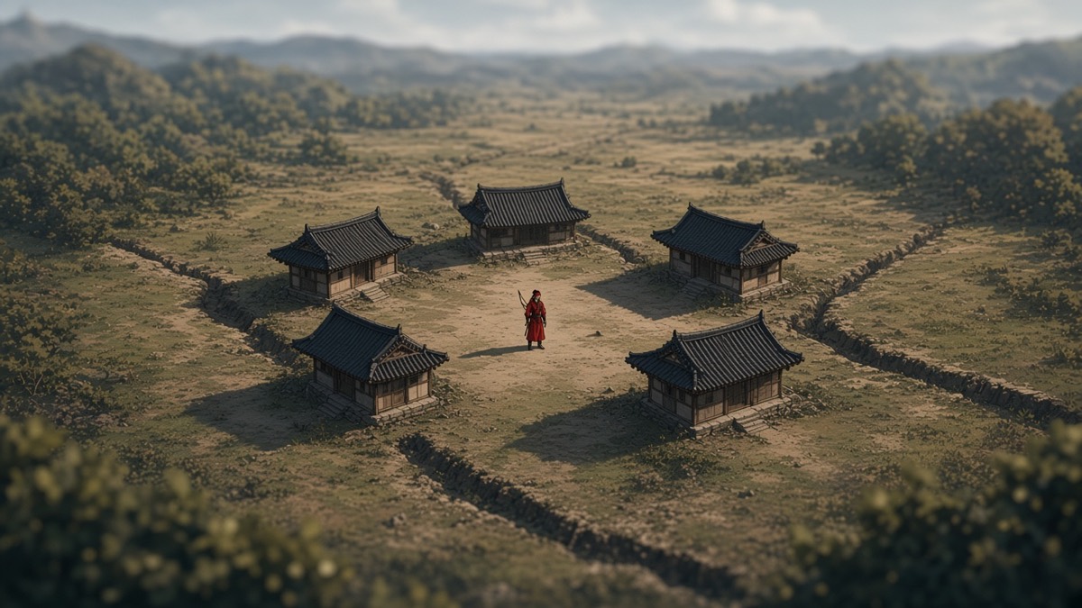 Bird’s-eye: five tiny timber-hall roofs, one packed-earth yard, Jumong a red speck