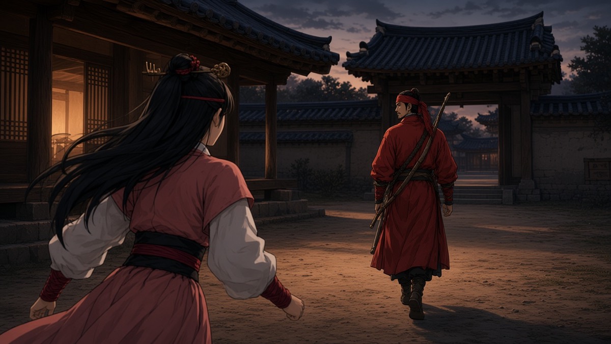 From behind: Jumong walking away down the packed-earth yard, red plane; Sosuno starting to run
