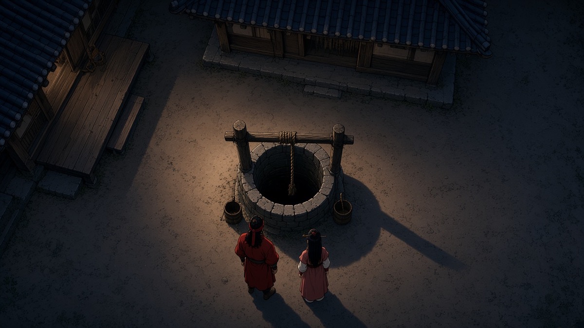 Bird’s-eye: round stone well, timber beam, two tiny figures at the rim