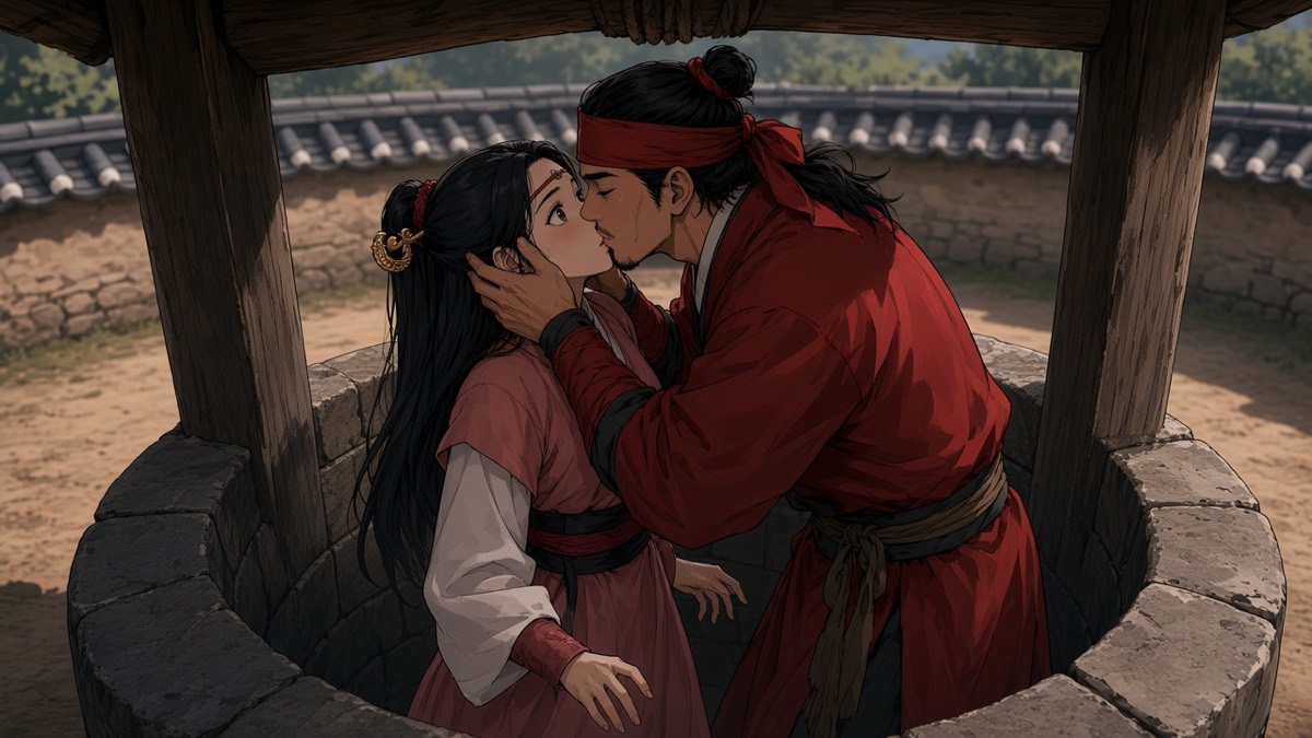 Well two-shot: Jumong kissing Sosuno over the stone circle; dusty-rose and red silk