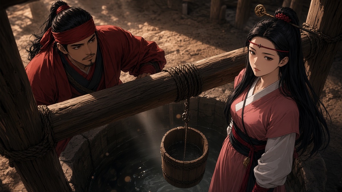 Two-shot over the well-beam: he asks her name, she looks at the bucket