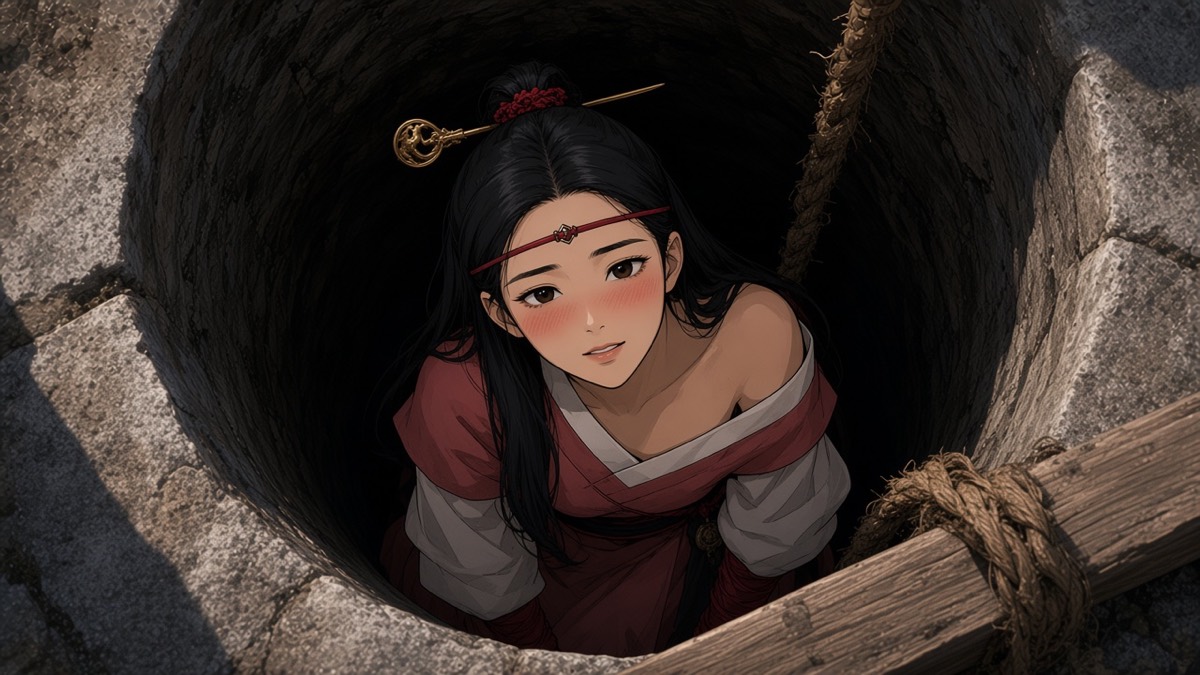 Top-down: Sosuno’s blushing face over the dark well-mouth