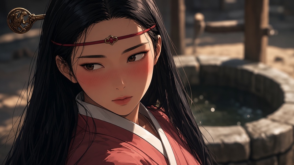 ECU: Sosuno tsundere at the well, dusty-rose silk, bird binyeo