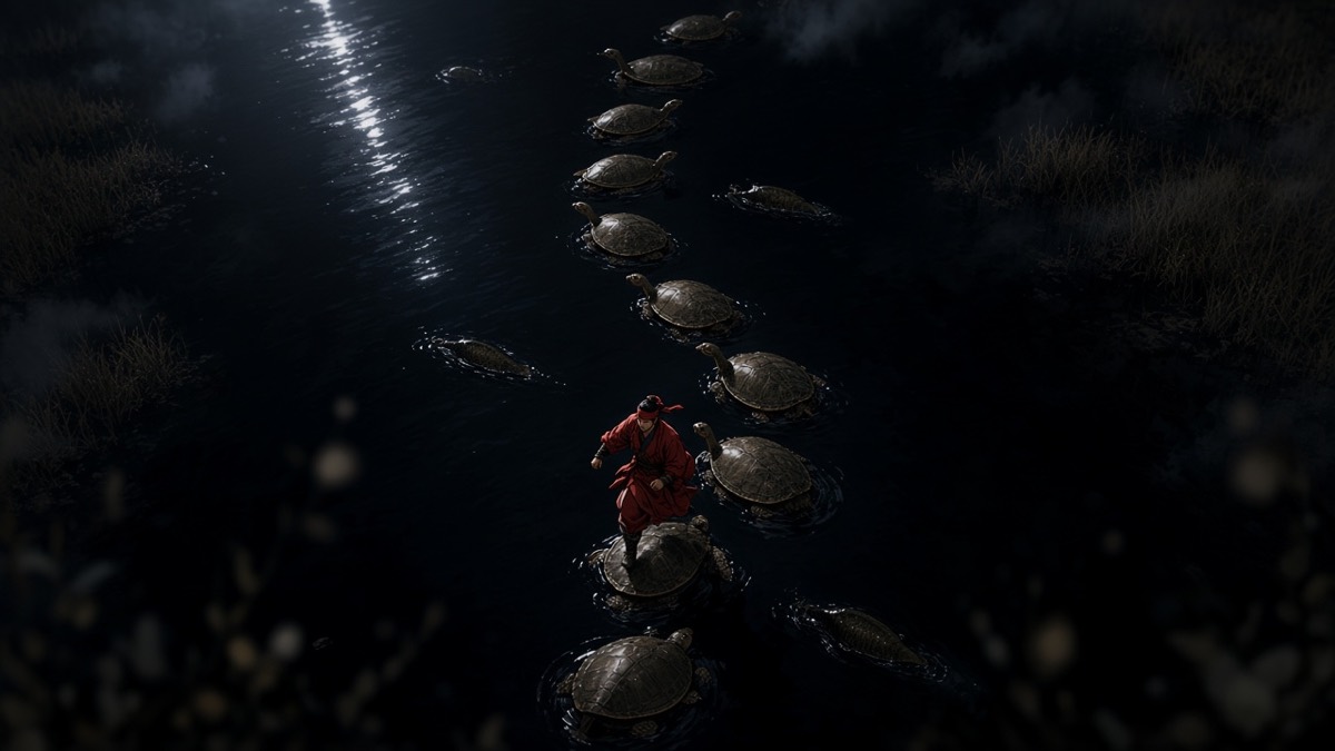 Night Amnok: Jumong in red runs a narrow turtle-shell ribbon under the moon