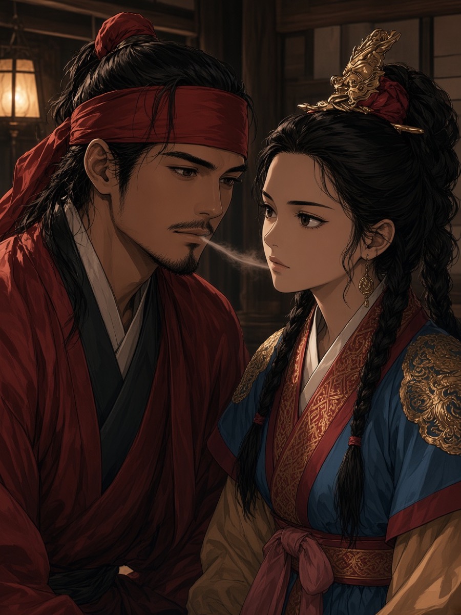 Jumong whispering to Lady Ye — red headband and gold hair-ornament, faces filling the frame