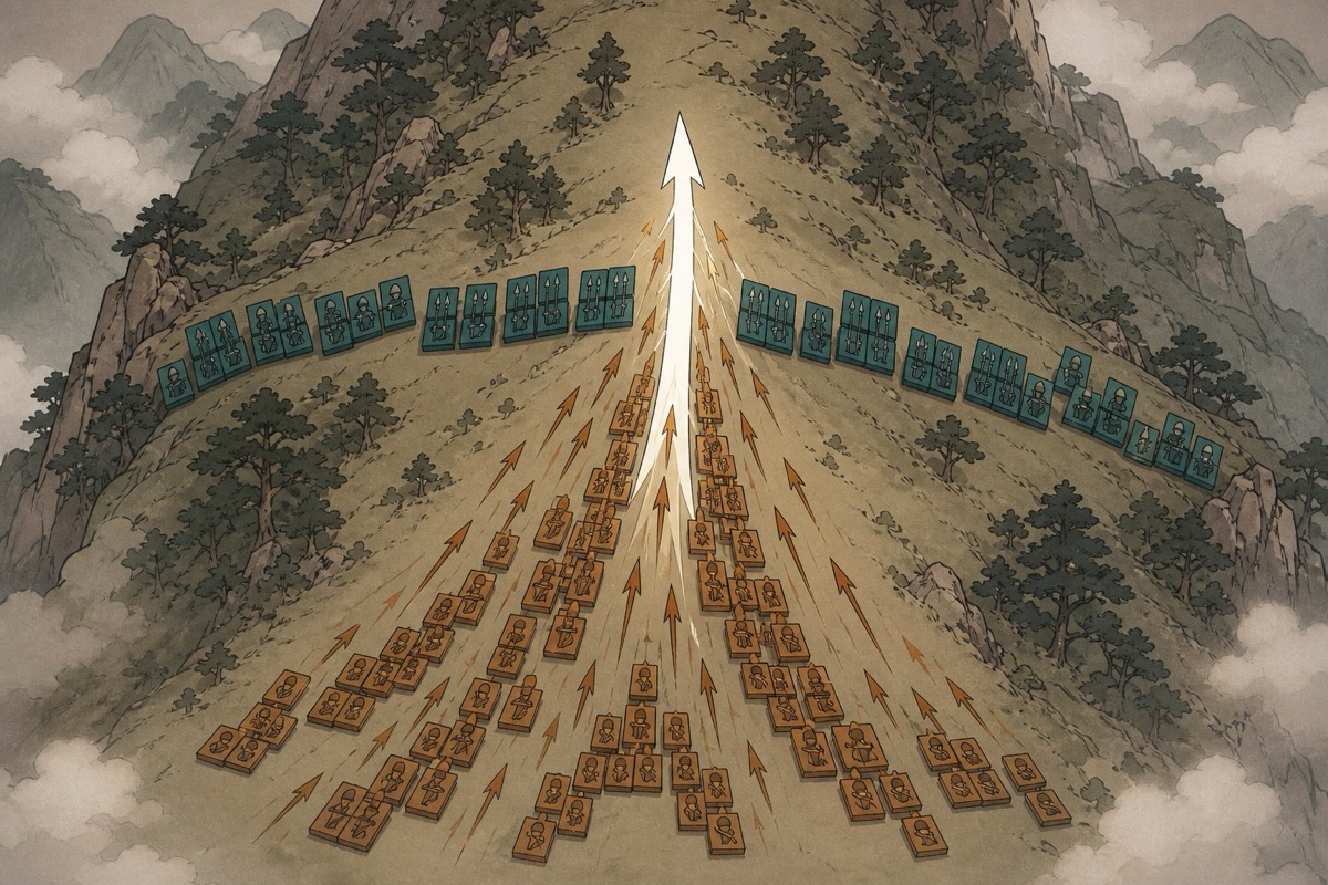 Xue Rengui in white armour cuts a road through the Goguryeo line at Stallion Mountain
