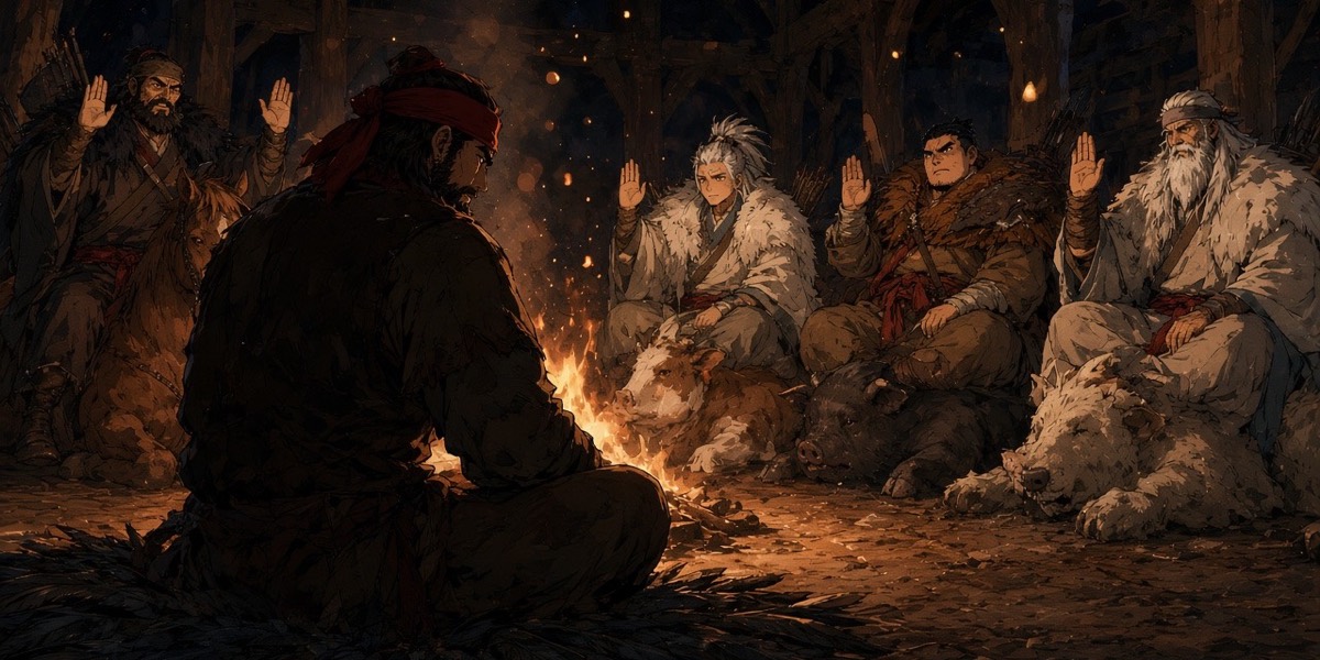 Floor level across the fire: Tabal's crow-feather sleeve nods in the foreground while the four ka raise open palms on their hides