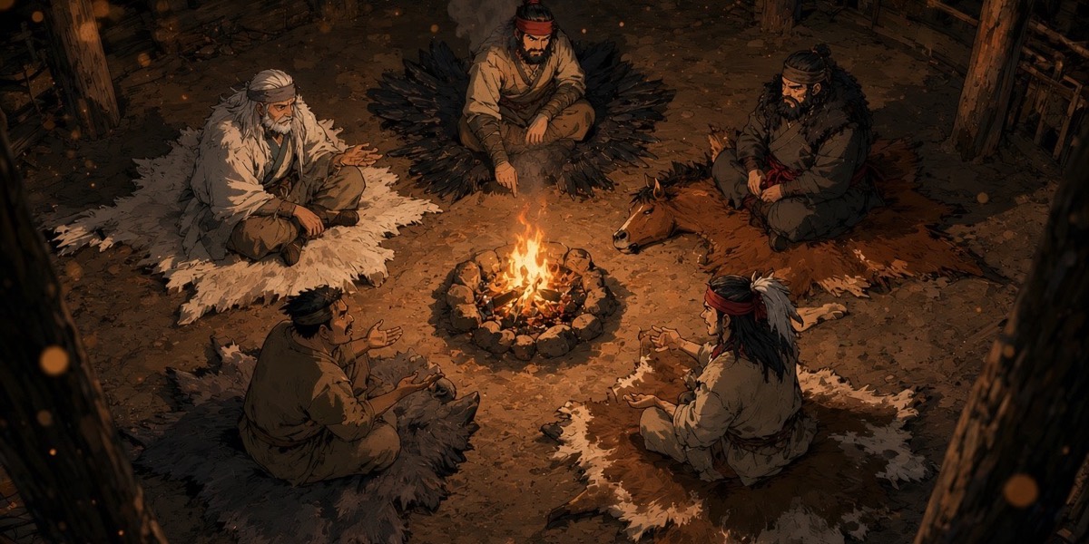 High crane: the five Jolbon chieftains sit on five animal hides around one fire in Tabal's hall — crow feathers, horse, cow, pig, dog