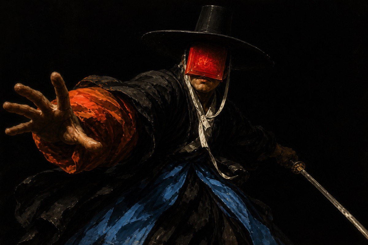 Kangrim lunging, glowing red notebook pressed over both eyes, orange sleeve, black gat, flat underworld