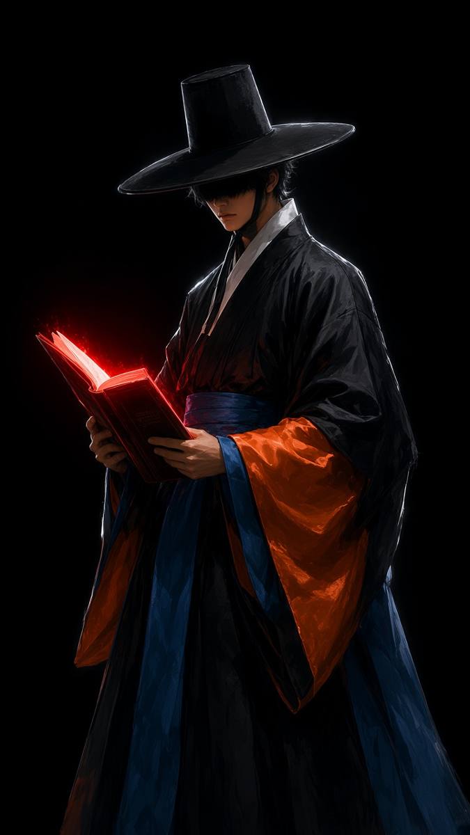 Kangrim in a black underworld void, an open red ledger the only rectangle of light