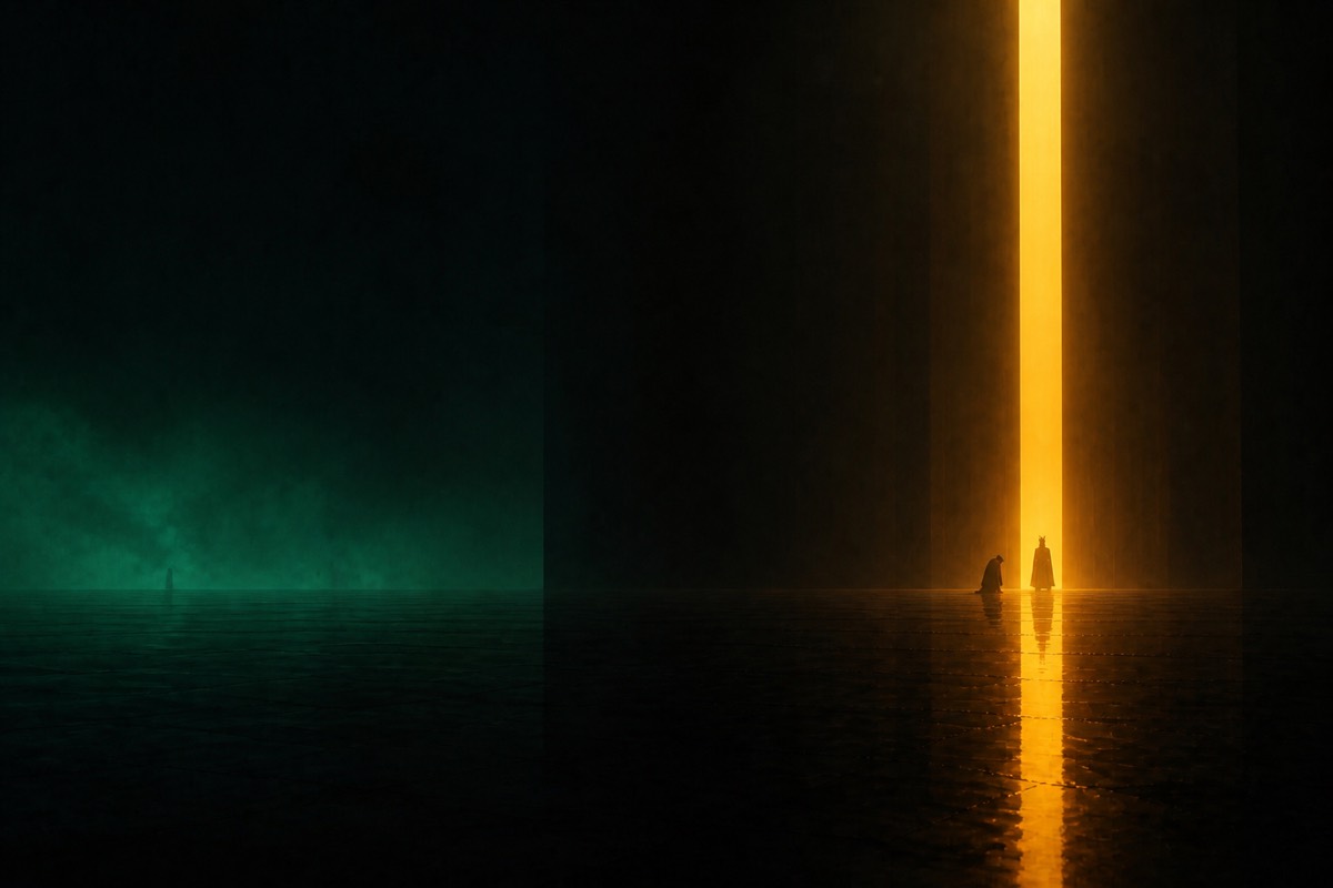 Kangrim and Yumla as tiny silhouettes at an underworld threshold — gold ledger-light in a black hall, sea-green haze
