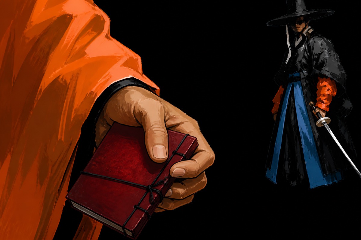 Kangrim’s orange sleeve and red notebook huge in the left half; his gat a small silhouette in the upper right, flat black underworld
