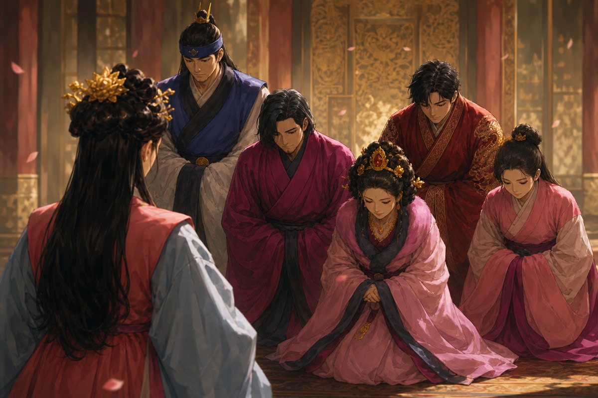 The Kim family arrives in force — Yushin, Munhee, Chunchu, and the children, all talking at once