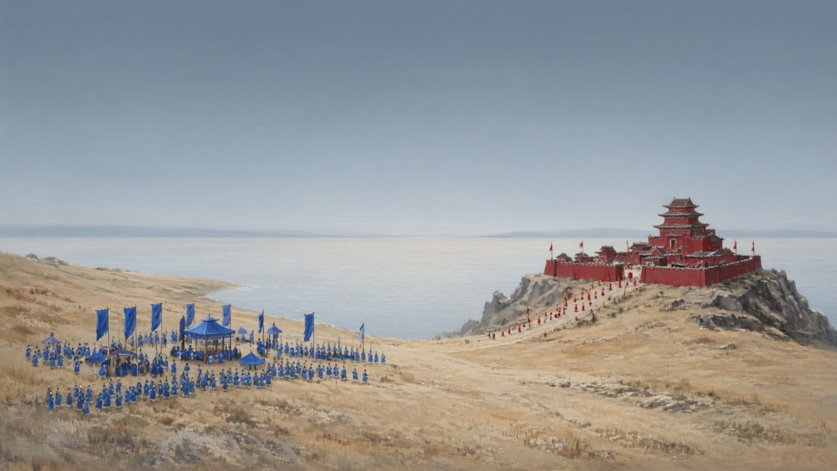 Wide peninsula-plane: one blue court, one red north keep, pale sea between
