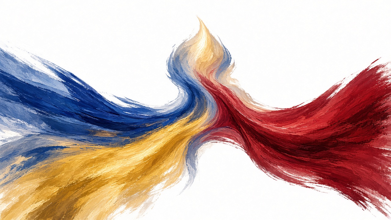 Three kingdom colors merging into unified form - the hard-won unification of Samhan