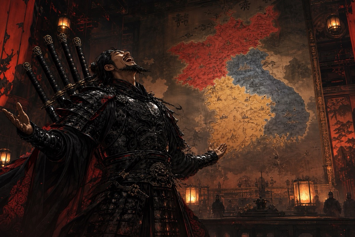 Gesomun, blades strapped across his back, throws his head back laughing before a great wall map of the Three Kingdoms