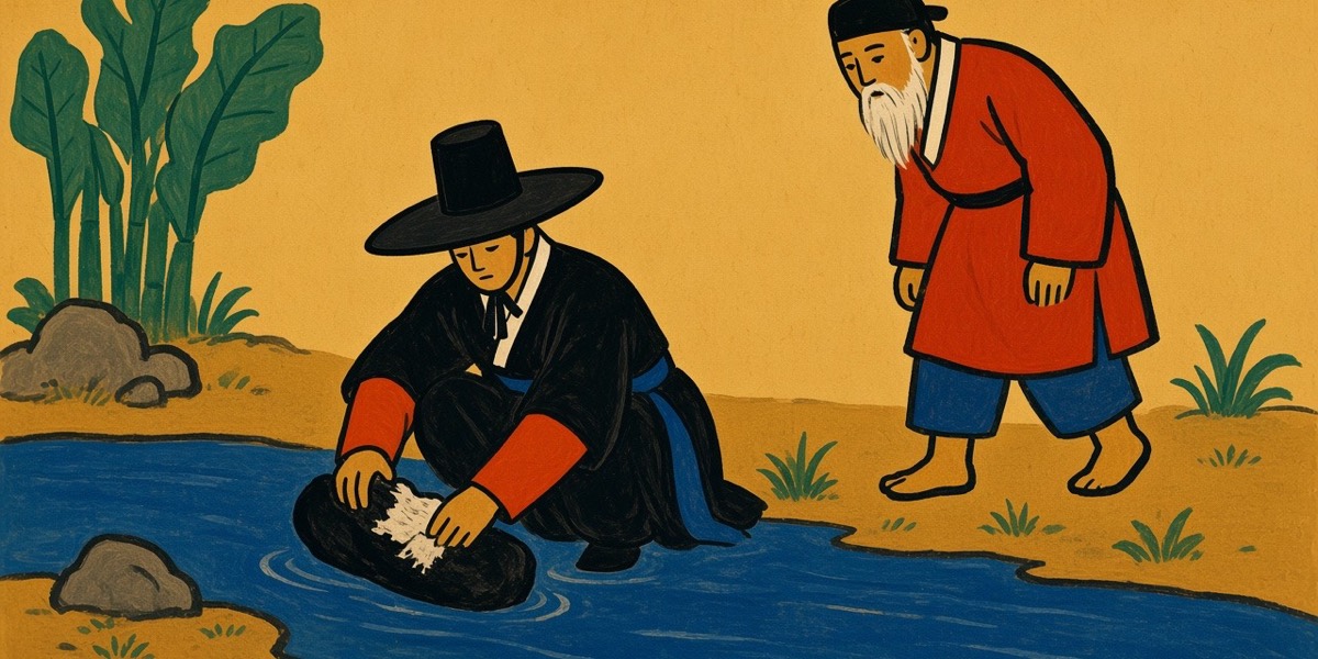 Folk painting: Kangrim squats in a flat stream washing charcoal while an ancient man stops