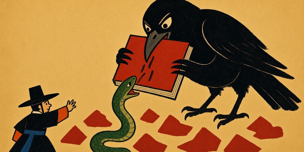 Folk painting: a crow sets the red book on a wall and a snake rises to swallow the writing