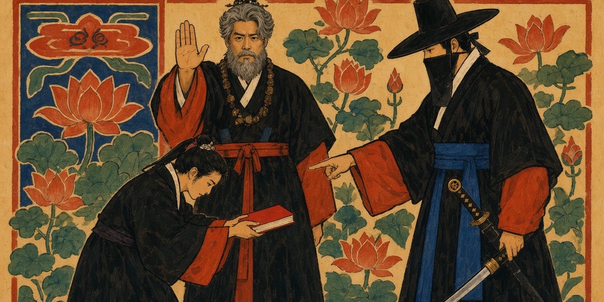 Folk painting: Kangrim bows with the red book before a frontal Yumla; Haewonmek points the way