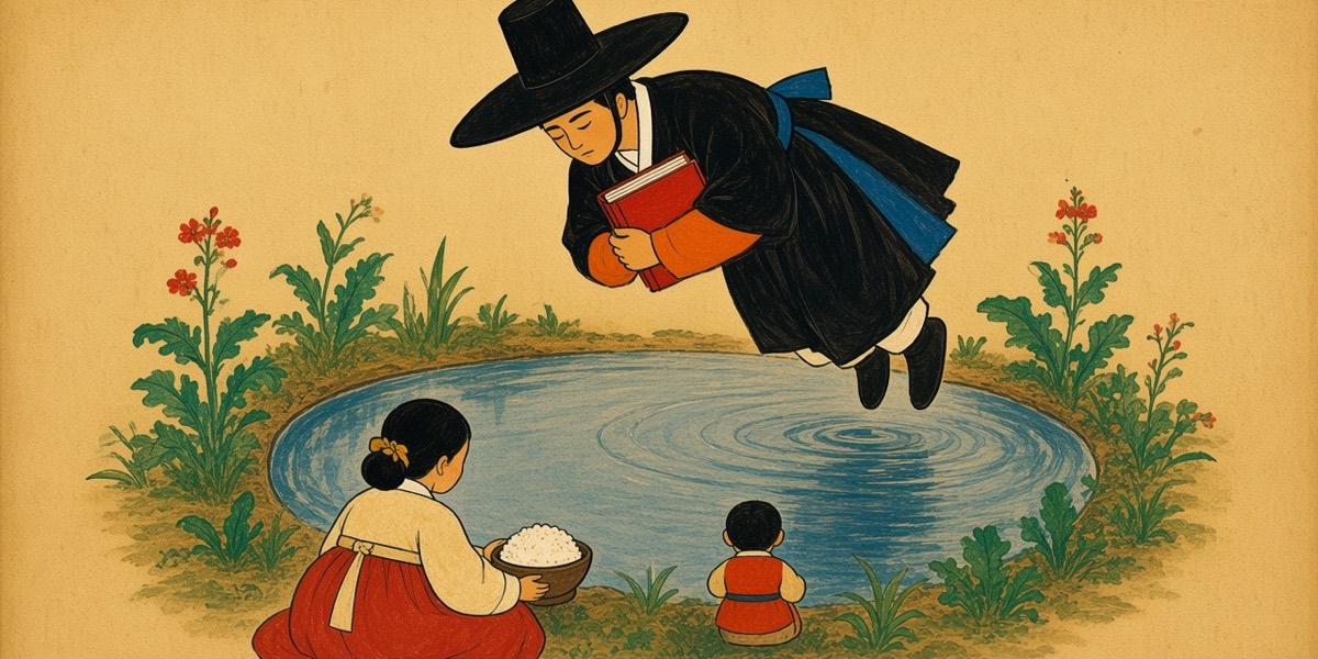 Folk painting: Kangrim dives eyes-shut into a round pond; a woman feeds two small gods at the rim