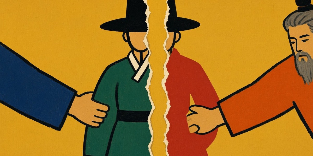 Folk painting: Kangrim torn down the middle — solid body on the village side, red outline held by Yumla