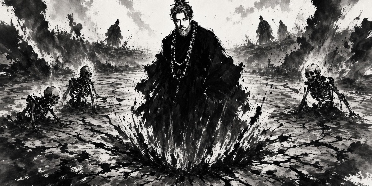 Yumla stands on the dried pond as three skeletons rise