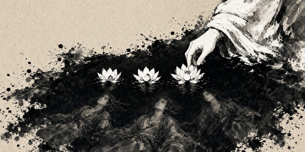 Three flowers float on a dark pond above three drowned brothers
