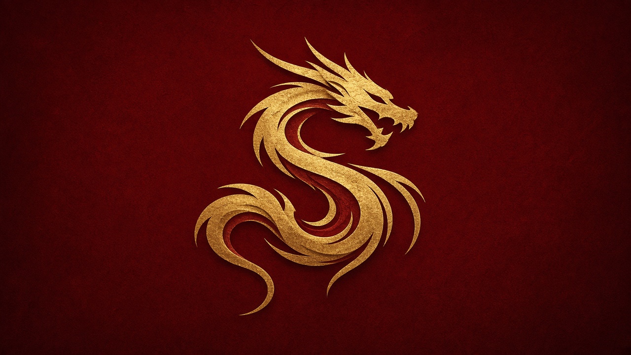 Tang dragon emblem in gold against crimson - imperial power and intrigue