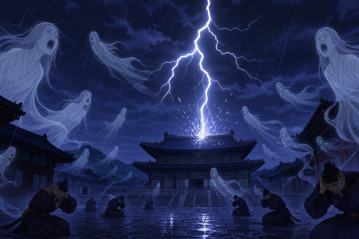 Lightning breaks over Sabi palace as the people cry that Baekje falls