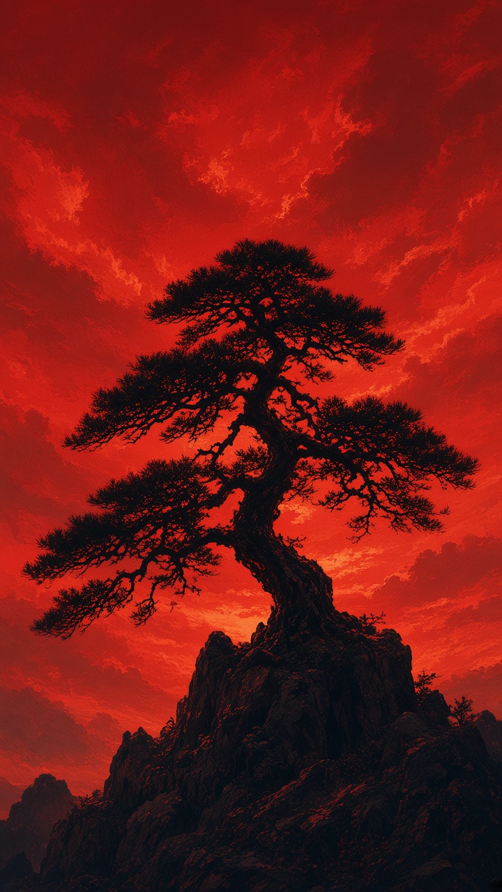Tall ancient pine tree standing alone on rocky outcrop, backlit by red sunset