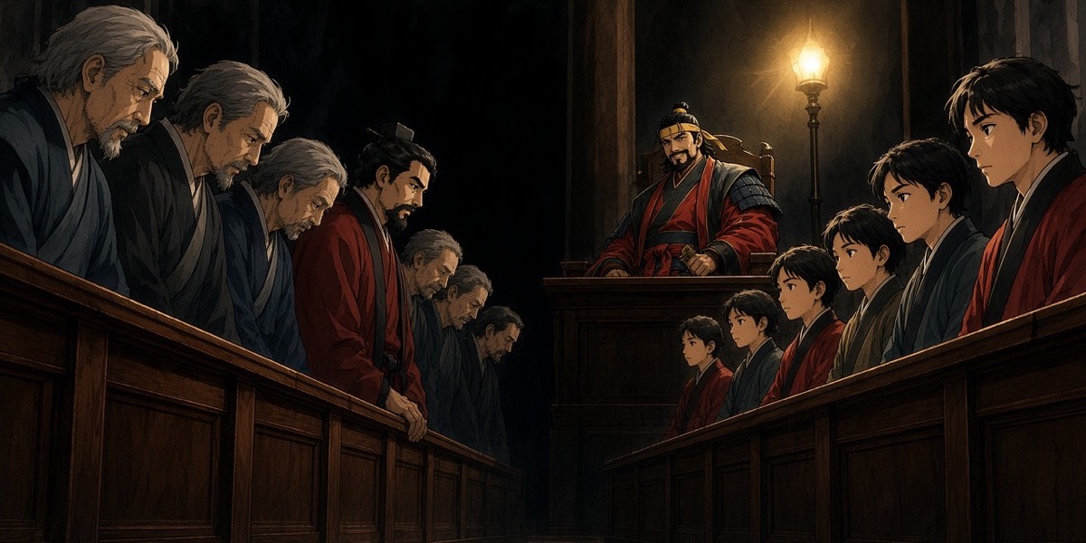 The facing rows split: old ministers filing out down one bank, rows of young princes filling the other