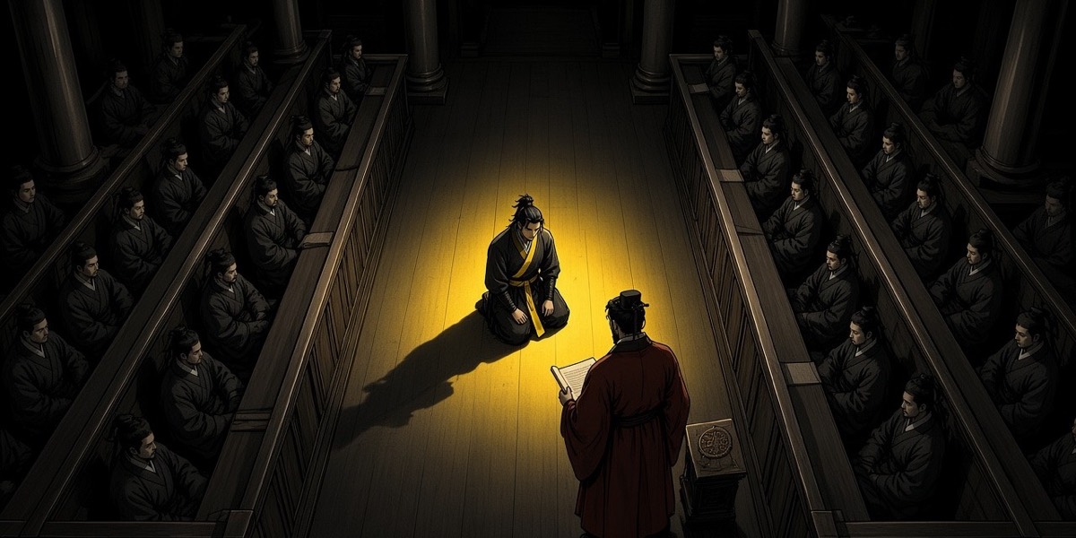 Bird's-eye: Gyebek kneeling alone in the aisle between the facing rows while Satek reads the order