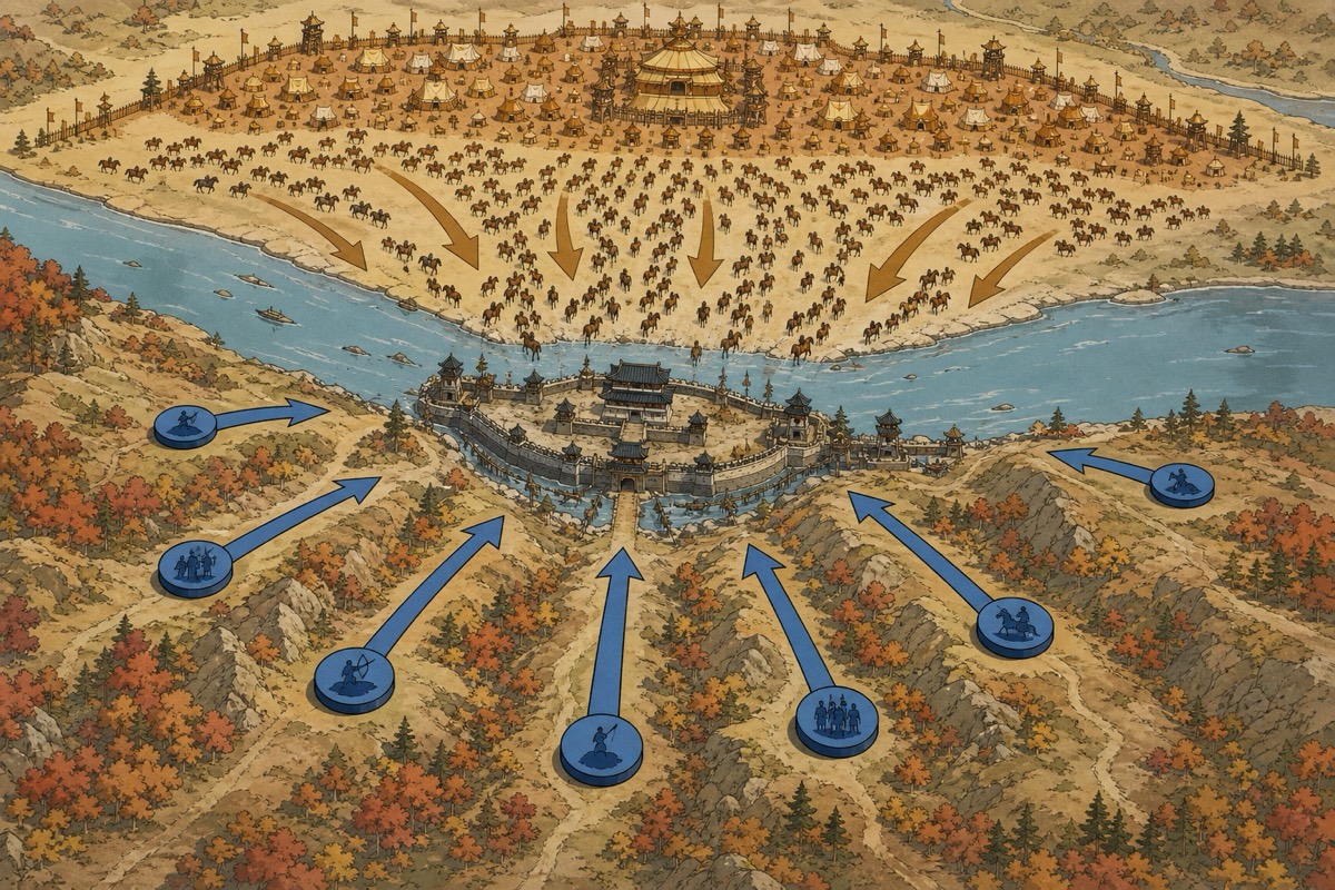 Map of the Maeso campaign — the Tang landing and nine Silla armies converging on the Imjin