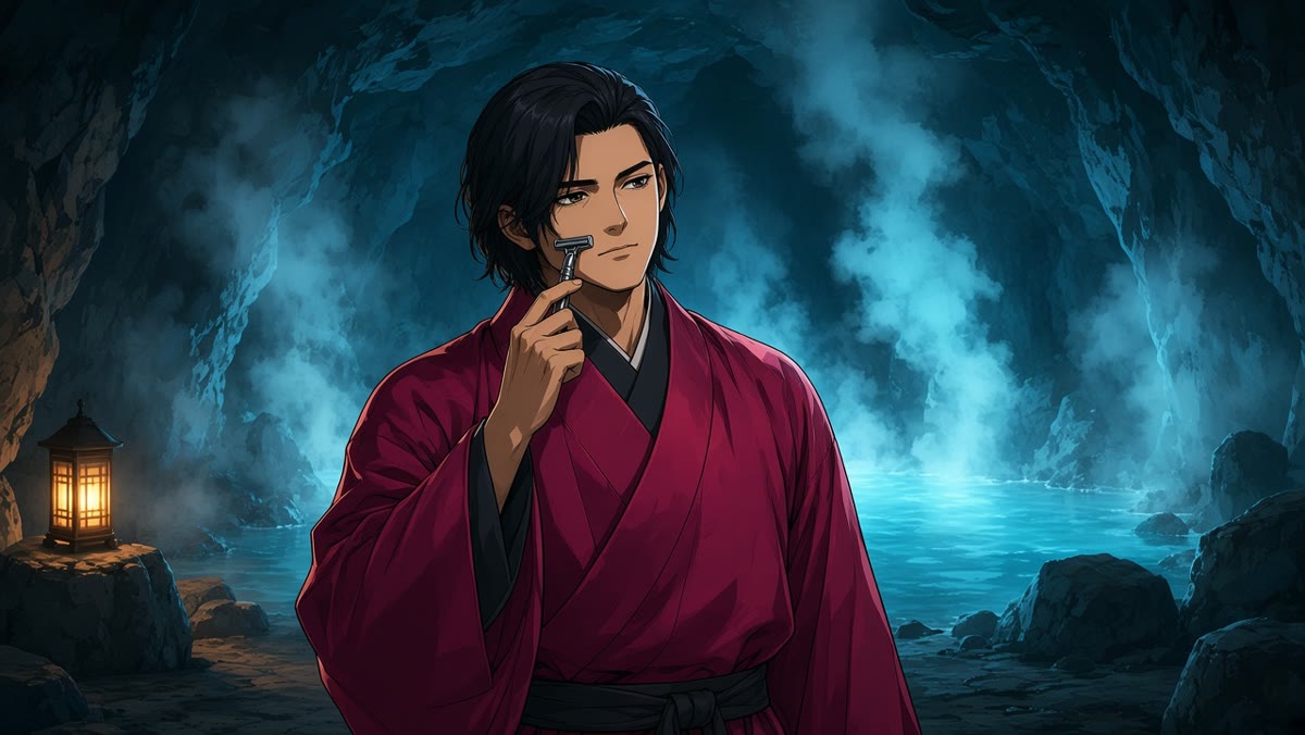Webtoon Chunchu in magenta robes shaving by lantern at the cyan cave mouth